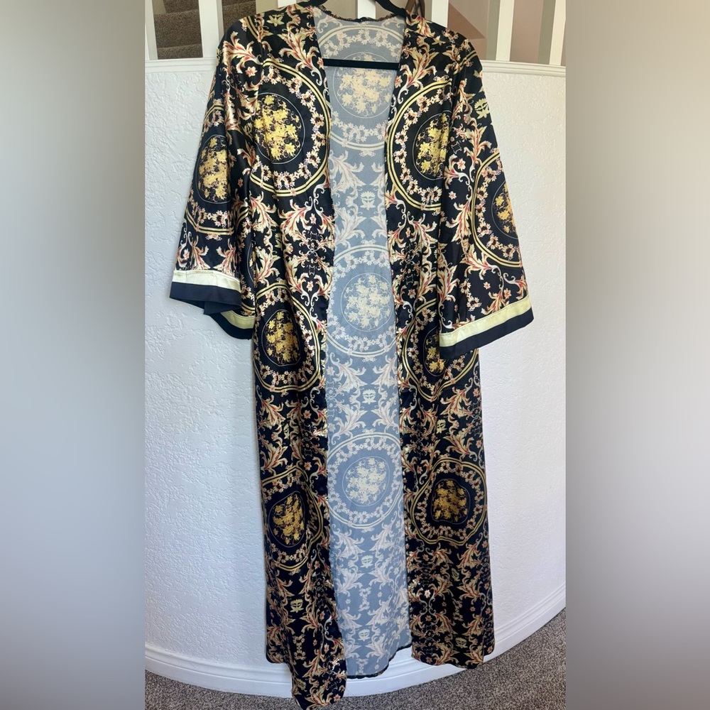 Satin cotton kimono cover up, black & gold